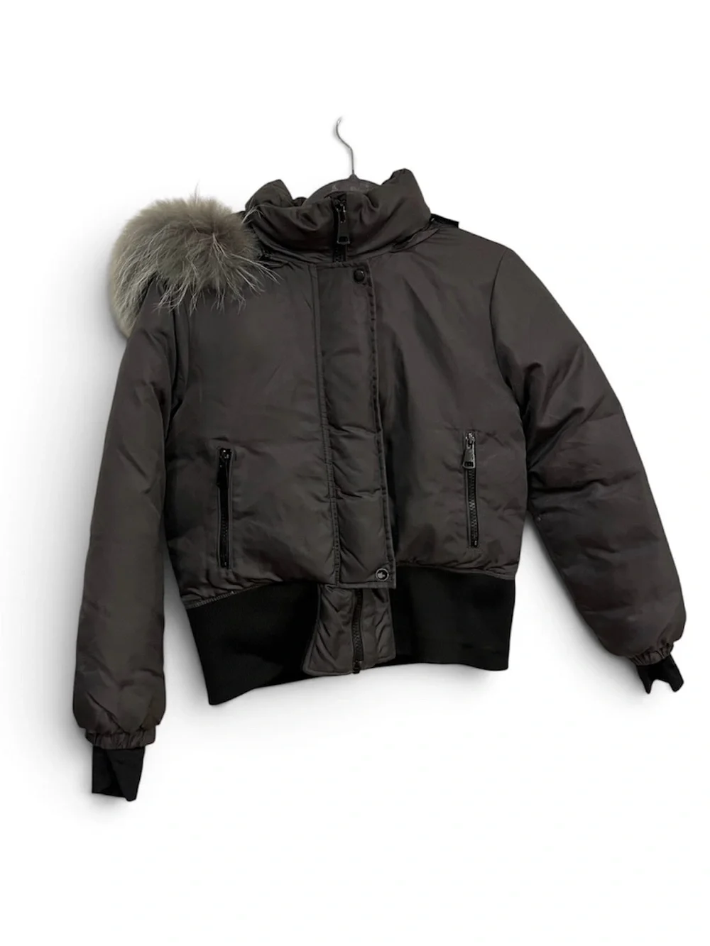 Girls' Short Puffer Jacket with Faux Fur Hood Trim - Charcoal